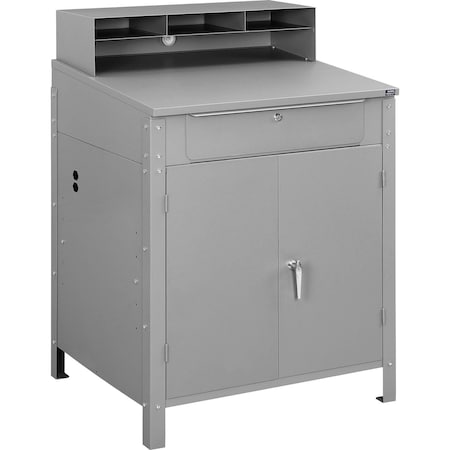 Global Industrial Shop Desk w Pigeonhole Compartments and Lower Cabinet, 34-1/2W x 30D x 51-1/2H - Gray 300912GY